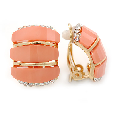 C Shape Salmon Pink  Acrylic, Clear Crystal Clip On Earrings In Gold Plating - 20mm L - main view