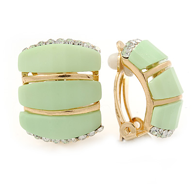 C Shape Light Green Acrylic, Clear Crystal Clip On Earrings In Gold Plating - 20mm L - main view