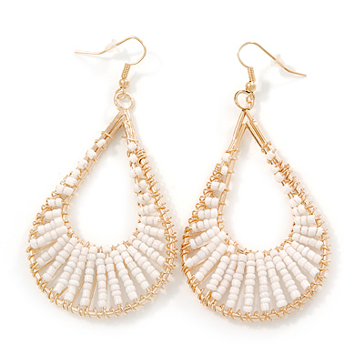 Teardrop Wired Earrings with White Glass Beads In Gold Plating - 80mm L - main view