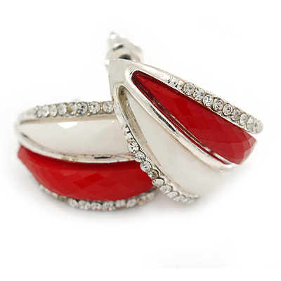 C Shape Red/ White Acrylic, Clear Crystal Stud Earrings In Silver Tone - 20mm - main view