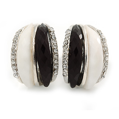 C Shape Black/ White Acrylic, Clear Crystal Stud Earrings In Silver Tone - 20mm