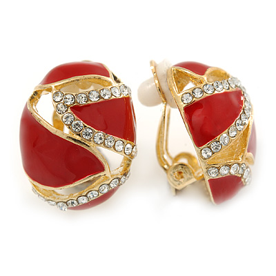 Oval Red Enamel, Clear Crystal Clip On Earrings In Gold Plating - 20mm L - main view