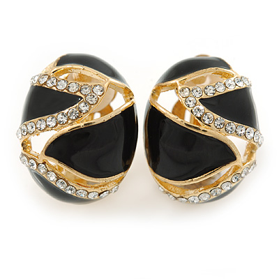 Oval Black Enamel, Clear Crystal Clip On Earrings In Gold Plating - 20mm L - main view