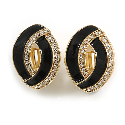 Black Enamel Clear Crystal Oval Clip On Earrings In Gold Plaiting - 23mm L - main view
