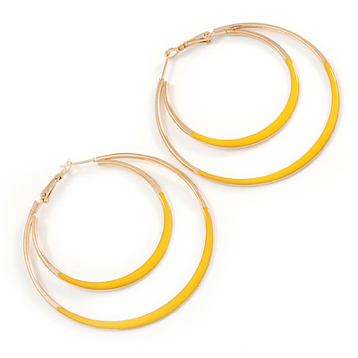 60mm Yellow Enamel Double Hoop Earrings In Gold Tone