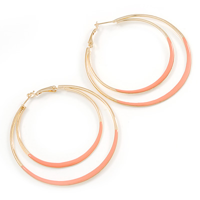 60mm Light Pink Enamel Double Hoop Earrings In Gold Tone - main view