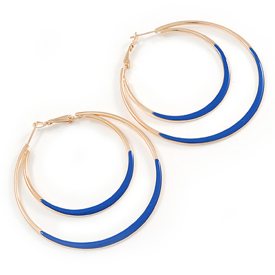 60mm Blue Enamel Double Hoop Earrings In Gold Tone - main view