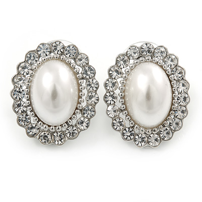 Bridal White Glass Pearl, Clear Crystal Oval Stud Earrings In Rhodium Plated Metal - 22mm L - main view