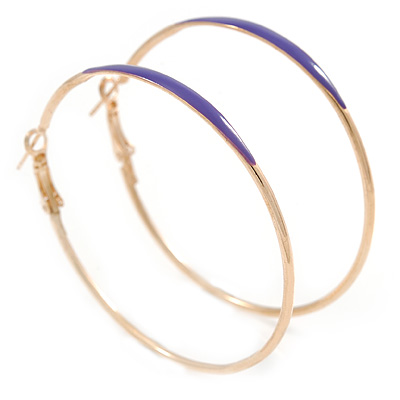 60mm Large Slim Purple Enamel Hoop Earrings In Gold Tone - main view