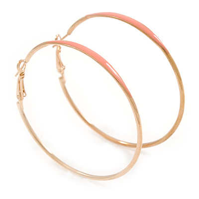 60mm Large Slim Light Pink Enamel Hoop Earrings In Gold Tone - main view