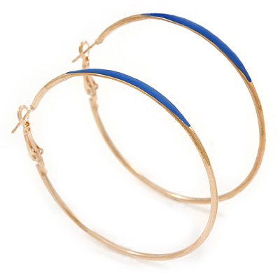60mm Large Slim Blue Enamel Hoop Earrings In Gold Tone - main view