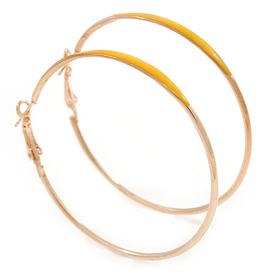 60mm Large Slim Yellow Enamel Hoop Earrings In Gold Tone - main view