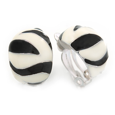 C Shape Black/ Whtie Enamel Clip On Earrings In Silver Tone - 20mm L - main view