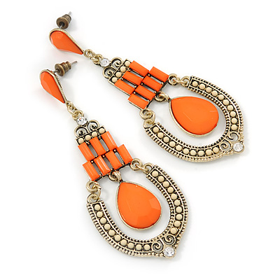 Vintage Inspired Orange/ Cream Acrylic Bead Chandelier Earrings In Antique Gold Tone Metal - 80mm L - main view