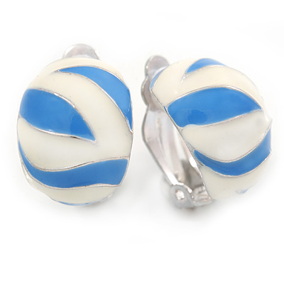 C Shape Light Cream/ Light Blue Enamel Clip On Earrings In Silver Tone - 20mm L - main view
