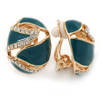 Oval Teal Green Enamel, Clear Crystal Clip On Earrings In Gold Plating - 20mm L - main view