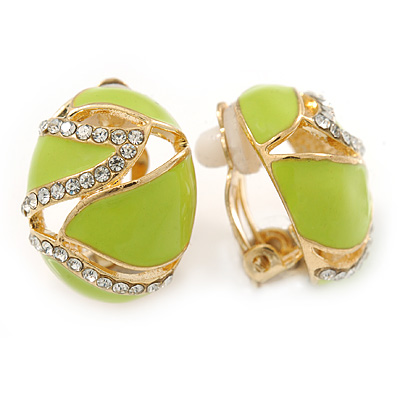 Oval Lime Green Enamel, Clear Crystal Clip On Earrings In Gold Plating - 20mm L - main view
