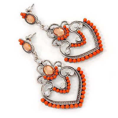 Orange Acrylic Bead, Clear Crystal Chandelier Earrings In Silver Tone - 60mm L - main view