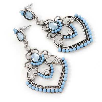 Light Blue Acrylic Bead, Clear Crystal Chandelier Earrings In Silver Tone - 60mm L - main view