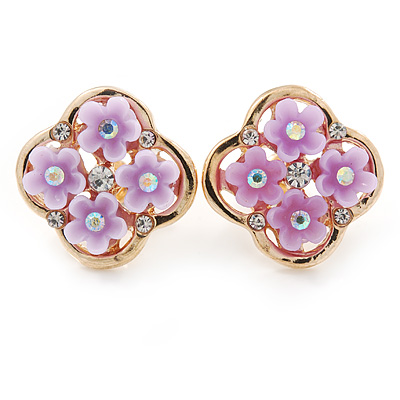 Gold Tone Light Purple Acrylic, Clear Crystal Floral Stud Earrings - 16mm - main view