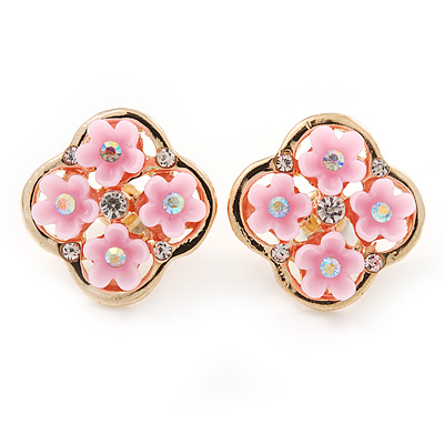 Gold Tone Pink Acrylic, Clear Crystal Floral Stud Earrings - 16mm - main view