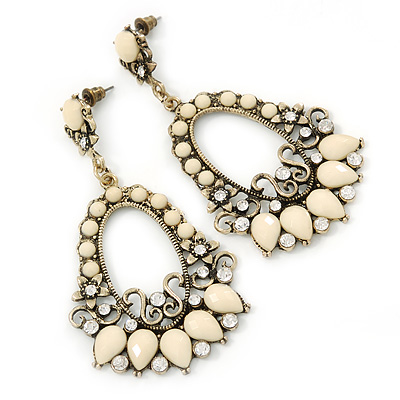 Cream Acrylic Bead, Clear Crystal Chandelier Earrings In Gold Tone - 75mm L - main view