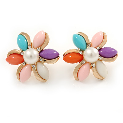 Multicoloured Acrylic, Crystal Flower Stud Earrings In Gold Tone - 20mm D - main view