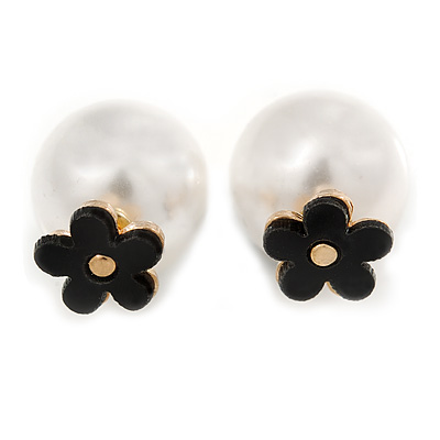 Gold Tone Front Back Earrings with Classic Faux Pearl 16mm and Black Acrylic Flower Features - main view