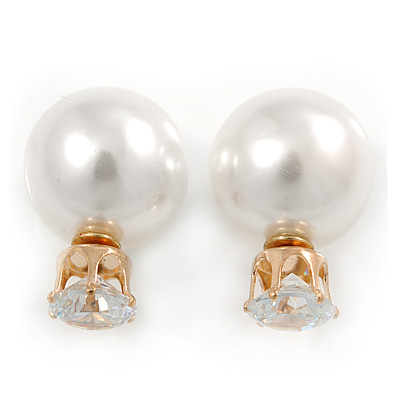 13mm/ 5mm Gorgeous Wedding/ Bridal/ Prom White Faux Pearl Front Back Stud Earrings In Gold Tone Metal - main view