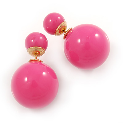 Hot Pink Acrylic 4-13mm Double Ball Stud Earrings In Gold Tone Metal - main view
