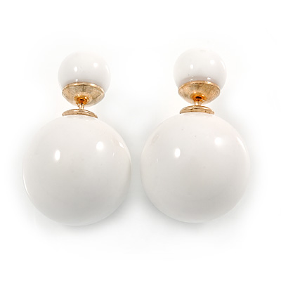 White Acrylic 4-13mm Double Ball Stud Earrings In Gold Tone Metal - main view
