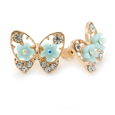 Gold Plated, Crystal with Light Blue Flowers Stud Butterfly Earrings - 20mm W