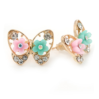 Gold Plated, Crystal with Pink/ Teal Flowers Stud Butterfly Earrings - 20mm W