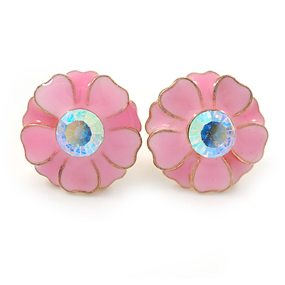 Pink Enamel Crystal Daisy Stud Earrings In Gold Tone - 15mm D
