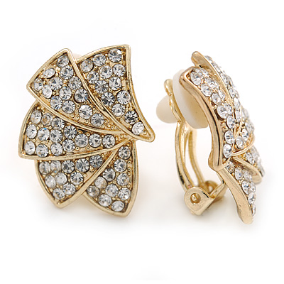 Gold Plated Clear Austrian Crystal Geometric Clip On Earrings - 20mm L - main view