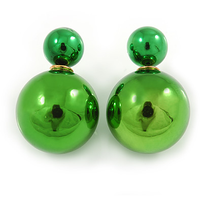 Mirrored Green Acrylic 7-15mm Double Ball Stud Earrings In Silver Tone Metal - main view