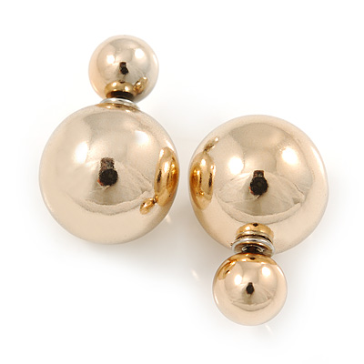 Mirrored Gold Tone Acrylic 7-15mm Double Ball Stud Earrings In Silver Tone Metal - main view
