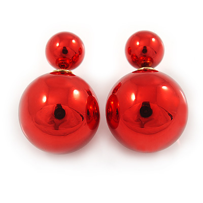 Mirrored Red Acrylic 7-15mm Double Ball Stud Earrings In Silver Tone Metal