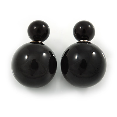 Black Acrylic 7-15mm Double Ball Stud Earrings In Silver Tone Metal - main view