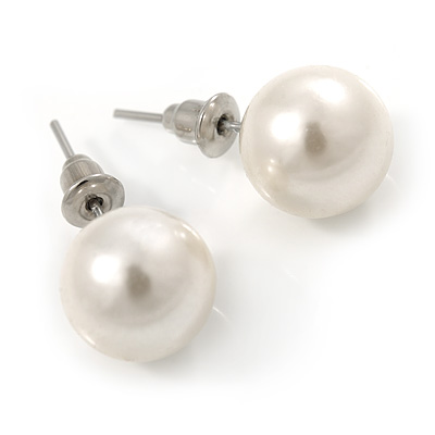 9mm Classic White Lustrous Faux Pearl Stud Earrings In Silver Tone Metal