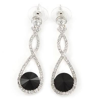Bridal/ Prom/ Wedding Black/ Clear Austrian Crystal Infinity Drop Earrings In Rhodium Plating - 50mm L