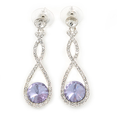 Bridal/ Prom/ Wedding Amethyst/ Clear Austrian Crystal Infinity Drop Earrings In Rhodium Plating - 50mm L - main view