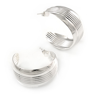 Medium Ribbed Silver Plated Half Hoop/ Creole Earrings - 35mm L - main view
