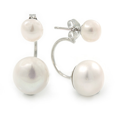 5mm/ 10mm Silver Plated Double Pearl Half Circle Stud Earrings - 23mm L - main view
