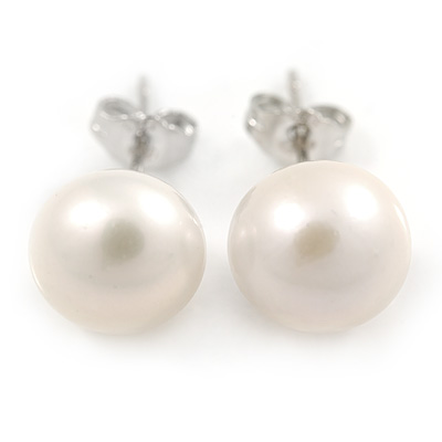 9mm White Freshwater Pearl Stud Earrings In Silver Tone - main view