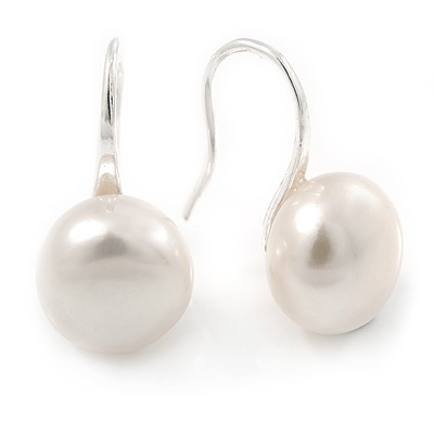 10mm Bridal/ Wedding Lustrous White Off-Round Freshwater Pearl Earrings In Silver Tone - 20mm L - main view