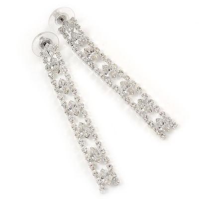 Bridal/ Party Silver Tone Clear Crystal Linear Drop Earrings - 65mm L - main view