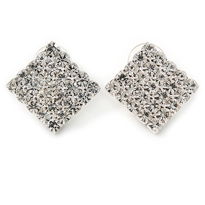 Bridal Silver Tone Pave Set Clear Crystal Square Stud Earrings - 20mm L - main view