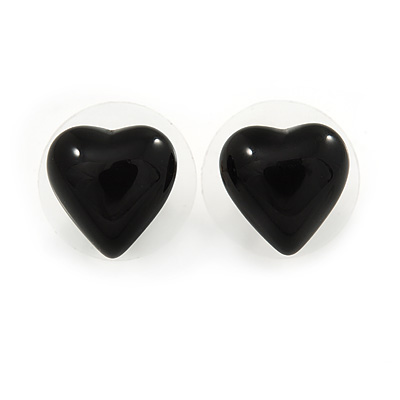 Small Black Acrylic Heart Stud Earrings In Silver Tone - 10mm L - main view