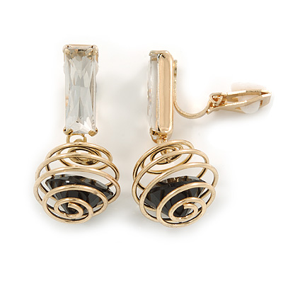 Gold Tone Wire Ball with Black Crystal Clip On Earrings - 35mm L - main view